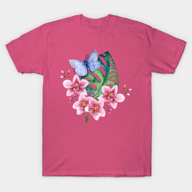 Butterfly with Orchids T-Shirt by MerryMakewell